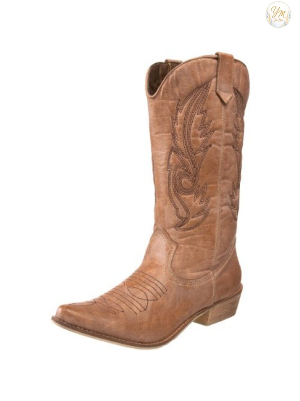 Faux Leather Western Combat Boots Mid-Calf Pointed Toe Block Heel